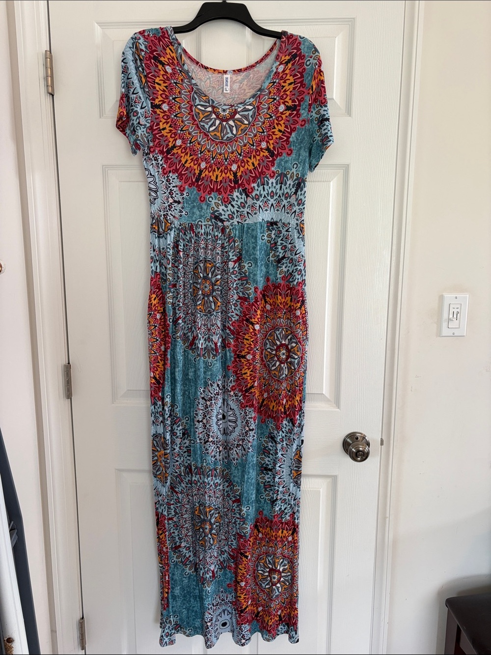 Amazon Teal Maxi Dress with Red & Orange Medallion Print